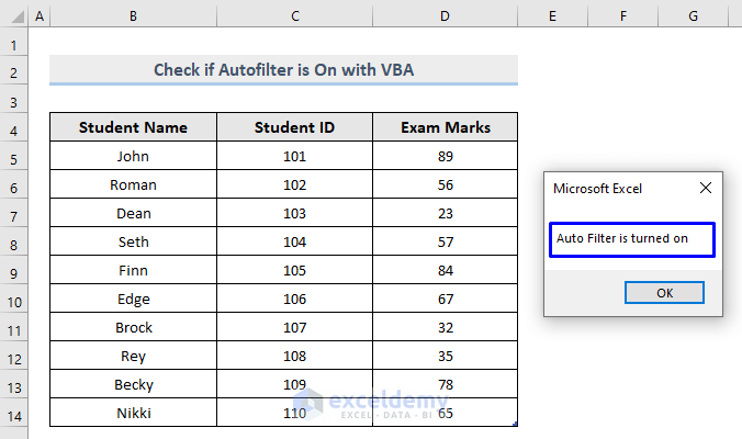 Result of excel vba to check if autofilter is on
