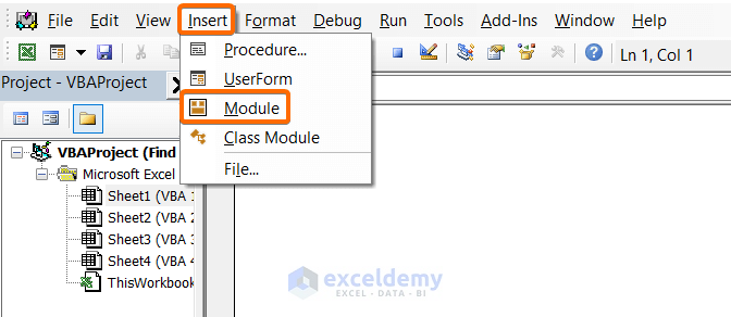 Insert a new module to Find Duplicates in a Column Using Excel VBA