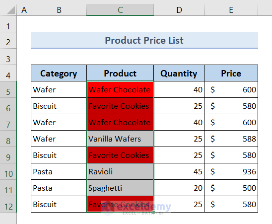 Result: Select a Range and Highlight Duplicates in a Column Using Excel VBA
