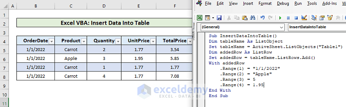 Excel VBA Insert Data into Table