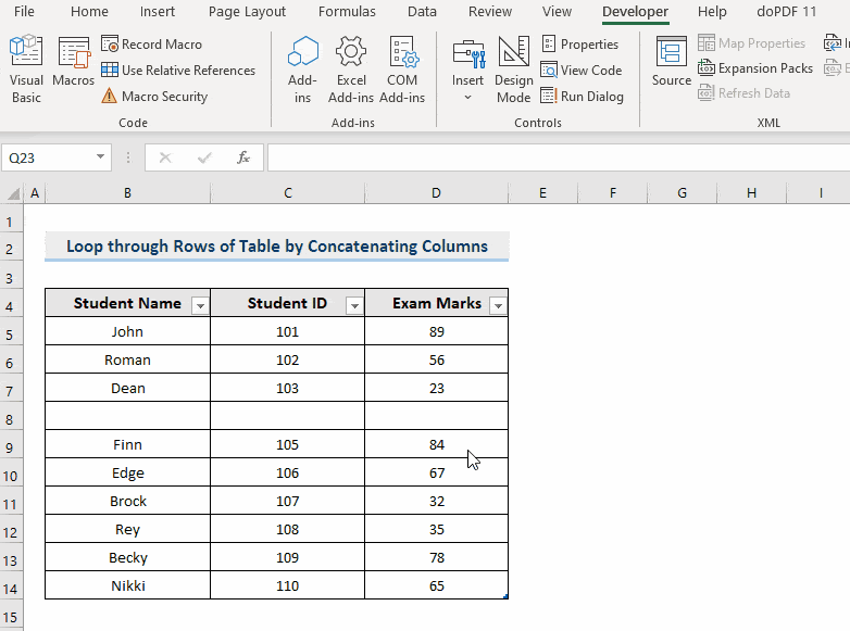 Result of VBA to Loop through Rows of Table by Concatenating Columns in Excel