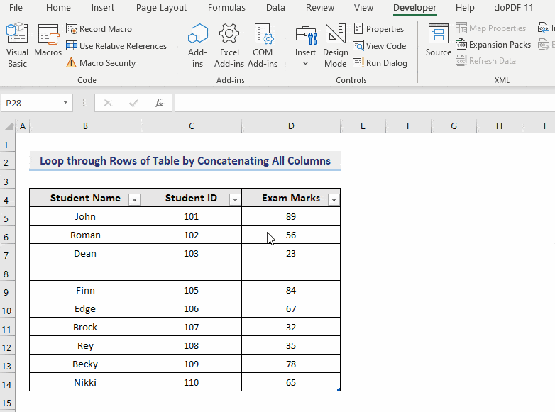 Result of VBA to Loop through Rows of Table by Concatenating All Columns in Excel
