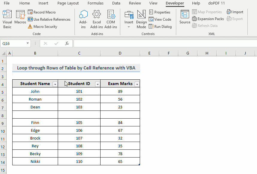 Result of VBA to Loop through Rows of Table by Cell Reference in Excel