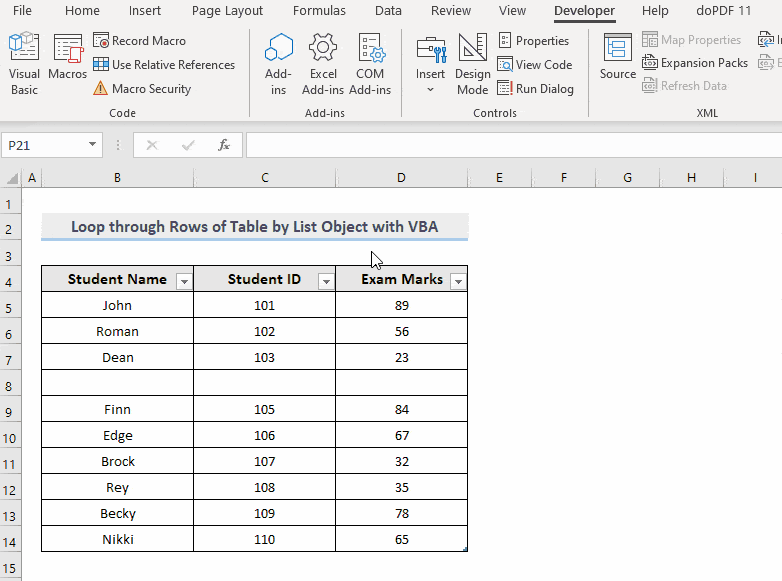 Result of VBA to Loop through Rows of Table by Value with List Object in Excel
