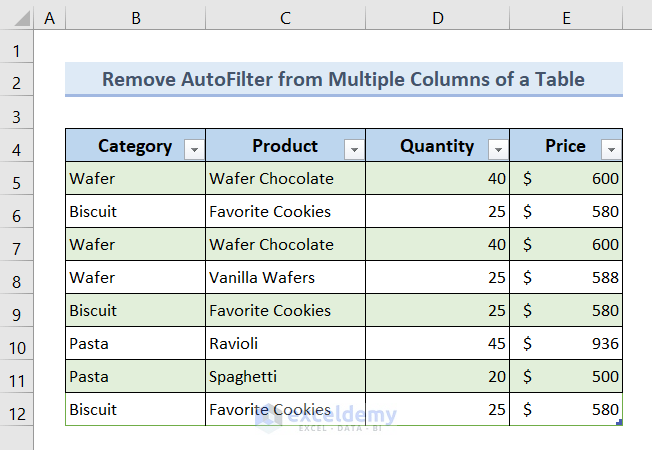 Result: Remove AutoFilter If It Exists from Multiple Columns of a Table using Excel VBA