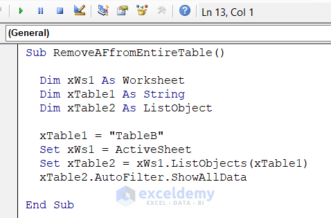 Clear AutoFilter from an Entire Table If It Exists Using Excel VBA