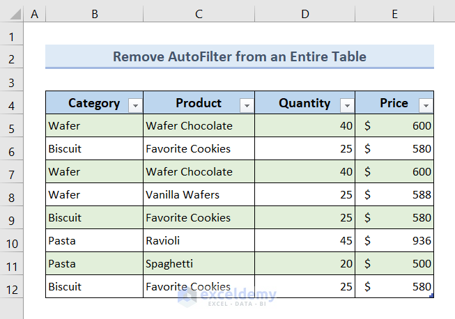 Result: Clear AutoFilter from an Entire Table If It Exists Using Excel VBA