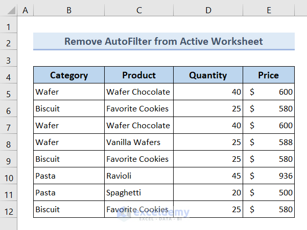 Result: Remove AutoFilter from Active Worksheet If It Exists Using Excel VBA