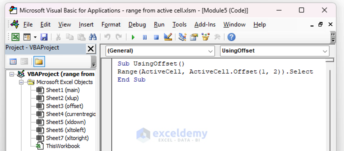 excel vba select range from active cell