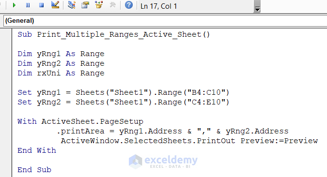 Print Multiple Ranges from Active Sheet On Same Page Using Excel VBA