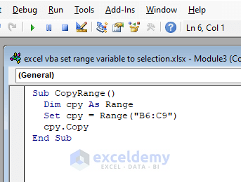 excel vba set range variable to selection