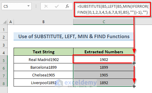 Split Numbers with Excel SUBSTITUTE, LEFT, MIN & FIND Functions