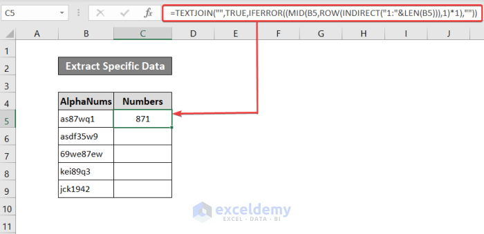 extracting only numbers in excel