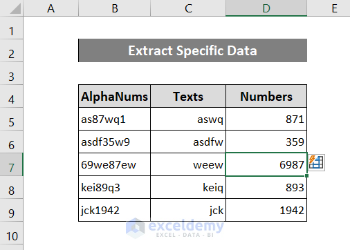 text and number data extracted in excel