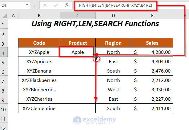 RIGHT,LEN,SEARCH functions