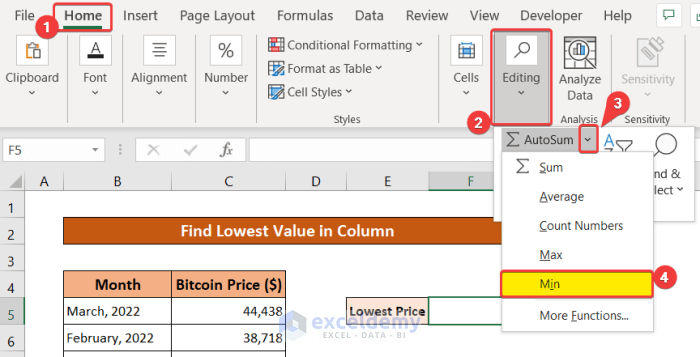 min feature to find lowest value in excel column