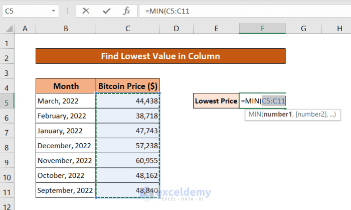 find lowest value in excel column using the min function