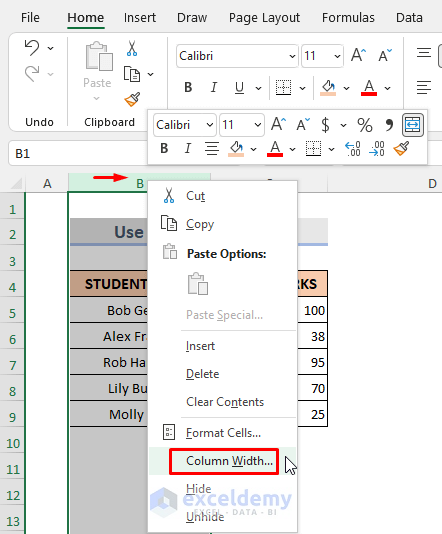 Excel Context Menu to Set Cell Size