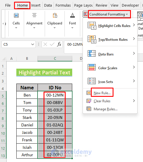 highlight partial text in excel cell