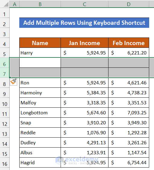 Using Ctrl+Shift+‘=’ (Equal Sign) to Add Multiple Rows in Excel
