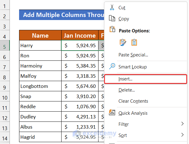 Add Multiple Columns Using Context Menu to Add Multiple Columns in Excel