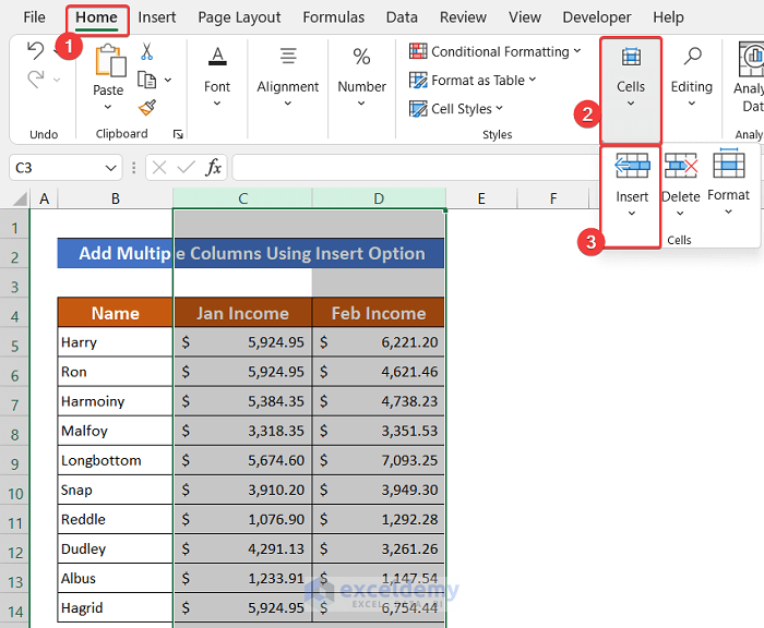 Insert Multiple Columns Utilizing Excel Ribbon to Add Multiple Columns in Excel