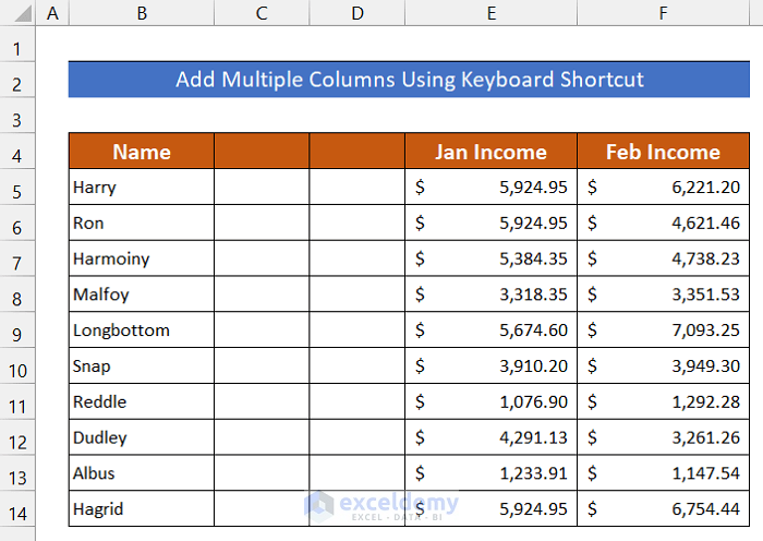 Use of Ctrl+Shift+‘=’ (Equal Sign) to Add Multiple Columns in Excel