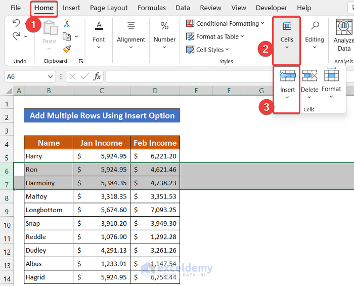 Utilizing Excel Ribbon to Add Multiple Rows in Excel