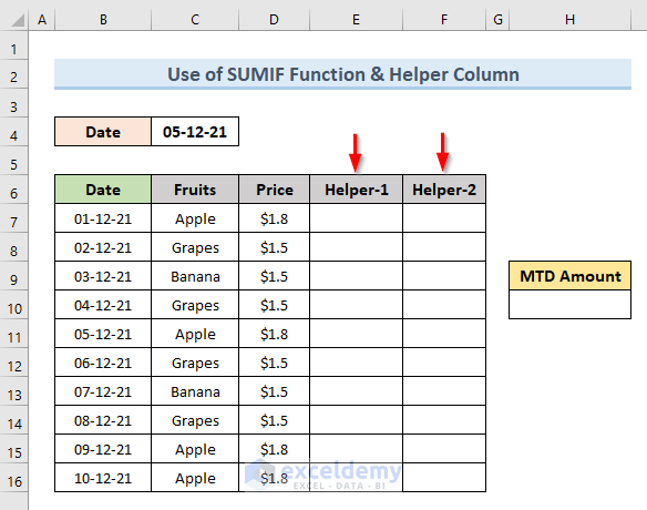 Calculate MTD in Excel with SUMIF Function & Helper Column