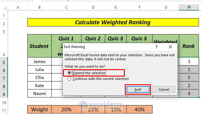 how to calculate weighted ranking in excel using SUMPRODUCT and RANK Function
