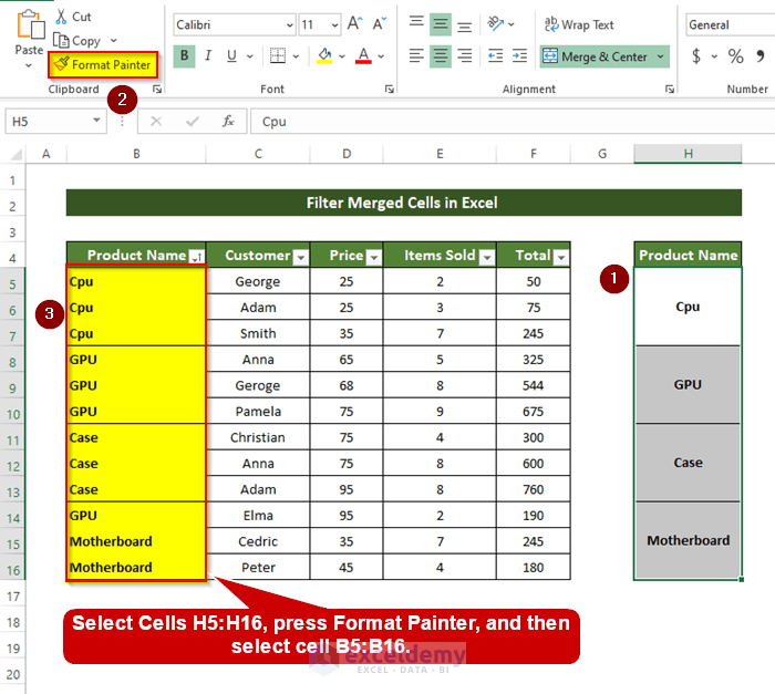 Step-by-Step Procedure to Filter in Excel with Merged Cells