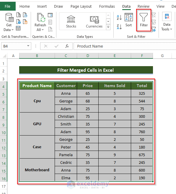 Step-by-Step Procedure to Filter in Excel with Merged Cells