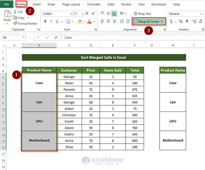 Sorting Merged Cells in Excel 