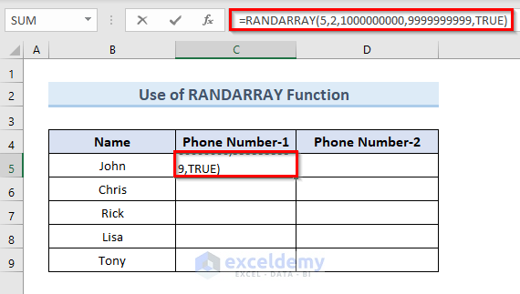 Apply RANDARRAY Function to Generate Random 10 Digit Number