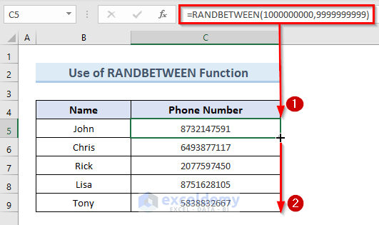 Use RANDBETWEEN Function to Create Random 10 Digit Number in Excel