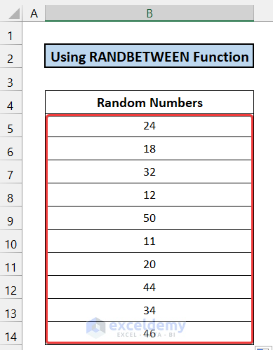 Using RANDBETWEEN Function to Generate Random Numbers