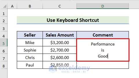 Use Keyboard Shortcut to Go to Next Line in Excel Cell