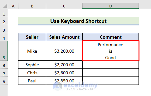Use Keyboard Shortcut to Go to Next Line in Excel Cell