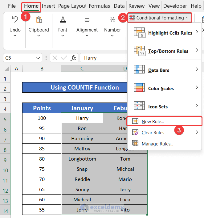 Use of COUNTIF Function to Highlight Duplicates in Multiple columns
