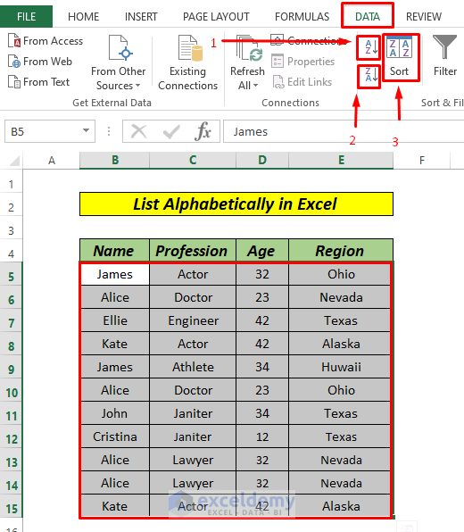 how to make list in excel alphabetical by sort 