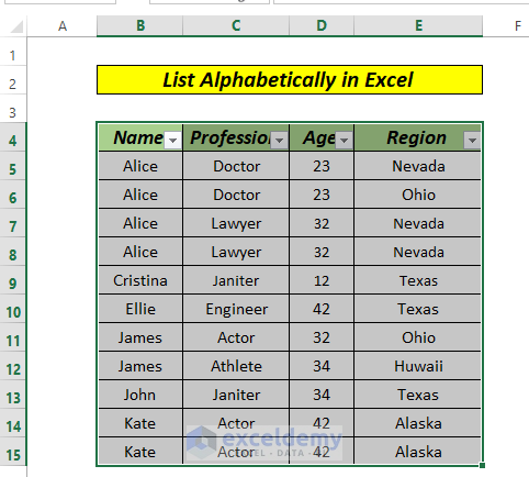 how to make list in excel alphabetical by Filter option