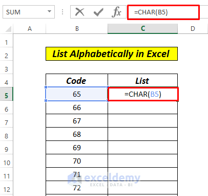 how to make list in excel alphabetical with CHAR Function