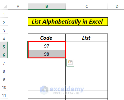 how to make list in excel alphabetical Using CHAR Function