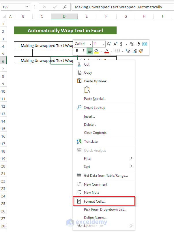 Wrap Text in Excel by Format Cells Option 