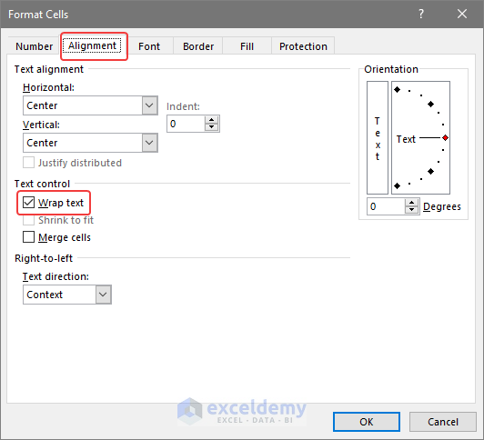 Wrap Text in the Format Cells Dialog Box