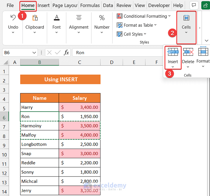 Move Highlighted Cells Using Insert Option