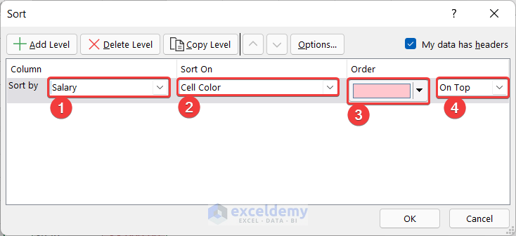 Use of Built-in SORT Feature to Move Highlighted Cells