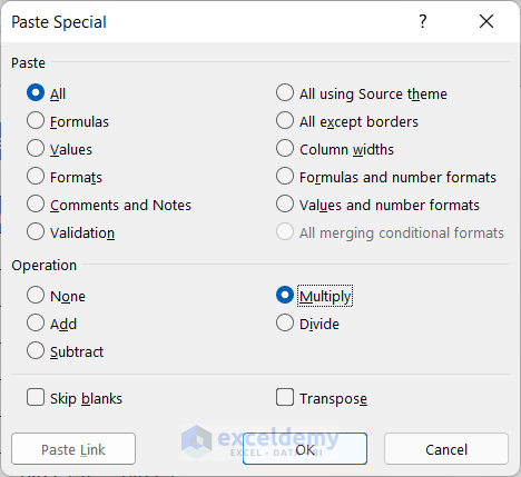 Multiply Range of Cells Using Paste Special Option