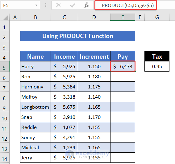 Using PRODUCT Function to Multiply Multiple Cells