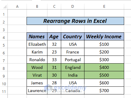 how to rearrange rows in excel 